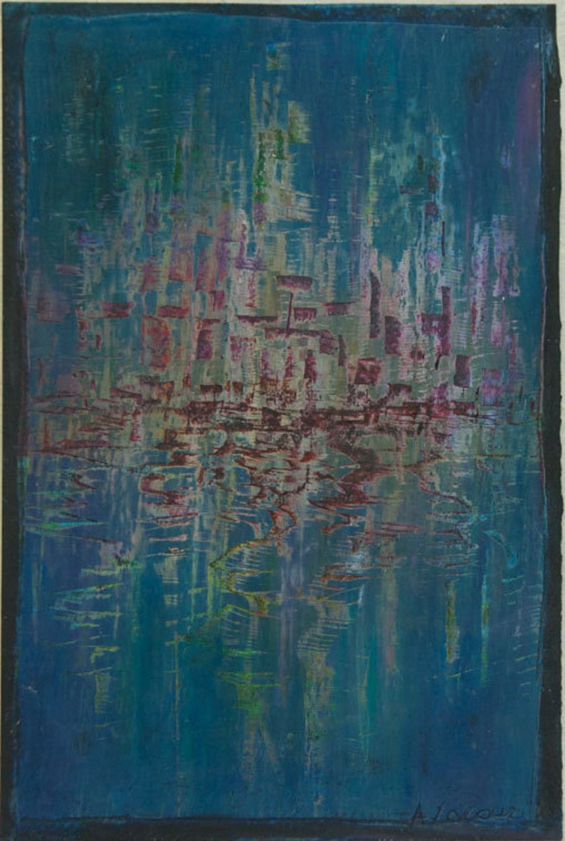 Blå reflektion på vatten, stadsmålning - Konstverk - Oljepastell bild 3