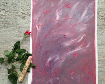 Könnte beinhalten: Abstrakte Malerei auf Papier mit einem lila und rosa Hintergrund und roten Linien. Das Gemälde ist mit einem weißen Rahmen gerahmt.
