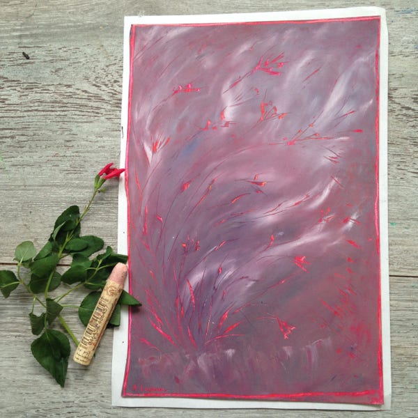 Fleurs - Pastel à l'huile - Rouge violet vent - Eclats de rubis  - Oeuvre d'art d'Anne Lacour