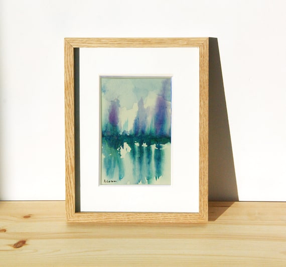 Art in a Mat Watercolor Painting Forest Reflection on Water 