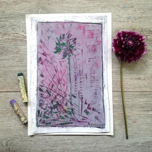 Purple Oil pastel Home decor - Flower green artwork, mauve leaf wind