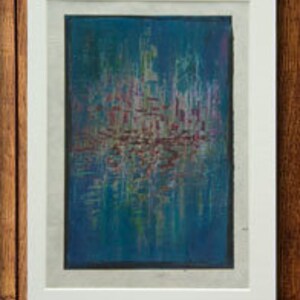 Blå reflektion på vatten, stadsmålning - Konstverk - Oljepastell bild 4