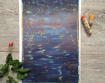 Original illustration i oljepastell - Färgglada reflektioner på en blå sjö