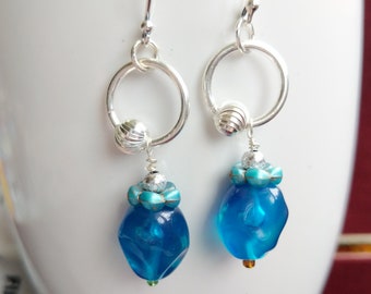 Sterling Silver, Blue Glass Bead Dangle Earrings