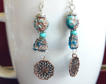 Copper Medallion Dangle Earrings with Flower and Leaf Motif