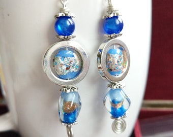 Silver Ring, Blue Fancy Bead XL Dangle Earrings