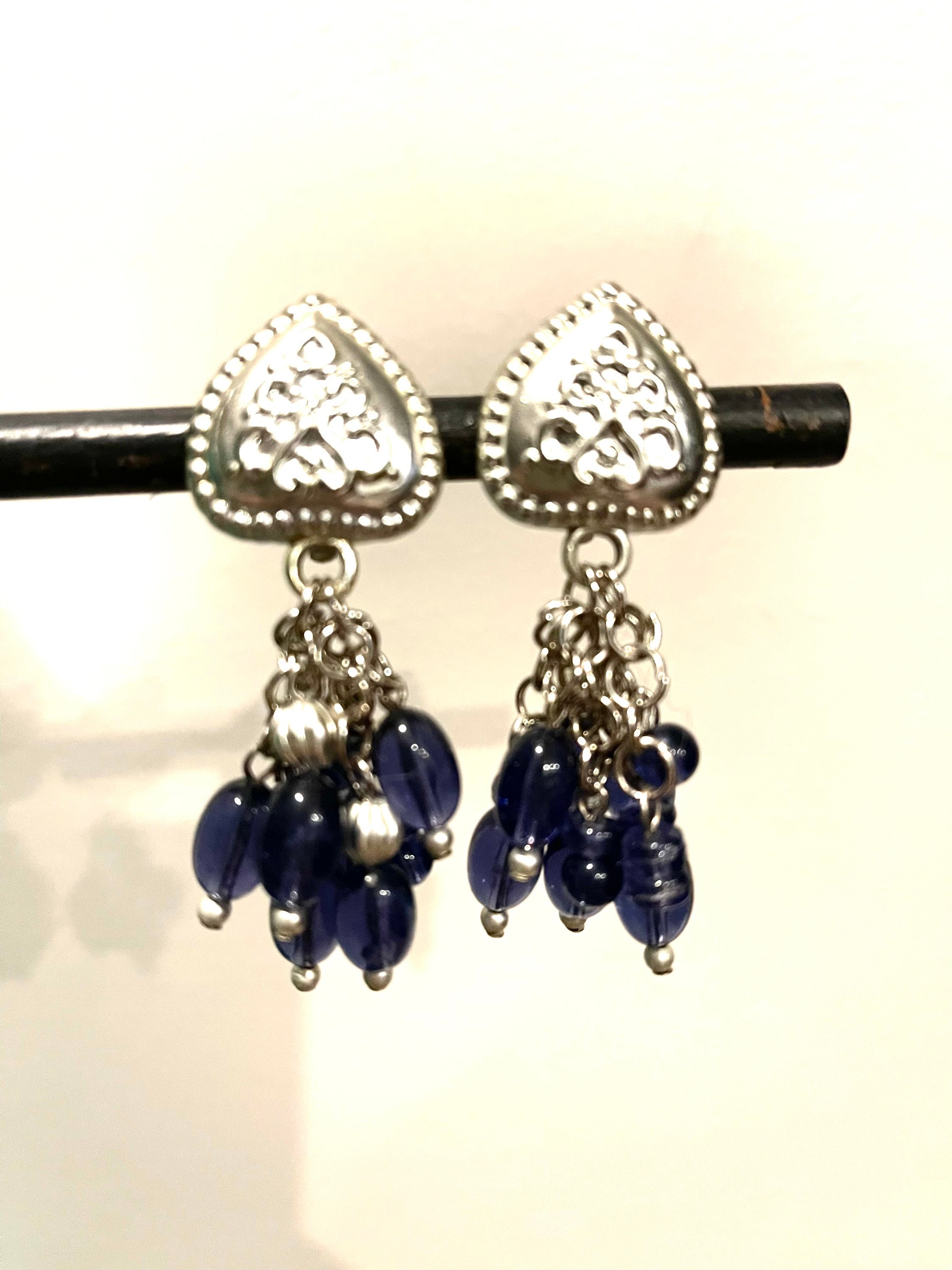 Boucles D'oreilles Clip En Or Doré Avec Pendentif Verre Facetté Bleu - Style Vintage - NEUVES Sans Emballage