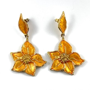 Orange enamel flower vintage gold plated drop earrings made in France