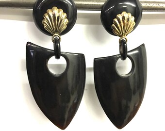 Vintage handmade natural buffalo horn clip on earrings with brass trim