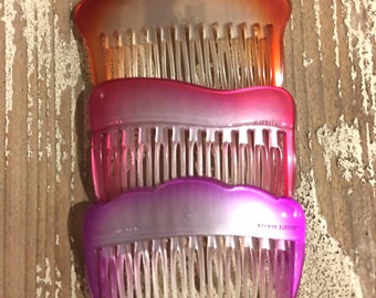 Vintage Retro orange, lila und rosa gefrostete Seitenhaarkämme, hergestellt in Frankreich