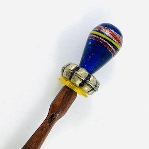 Marc Labat Paris vintage retro hair stick blue glass on wood hair stick updo chignon made in France