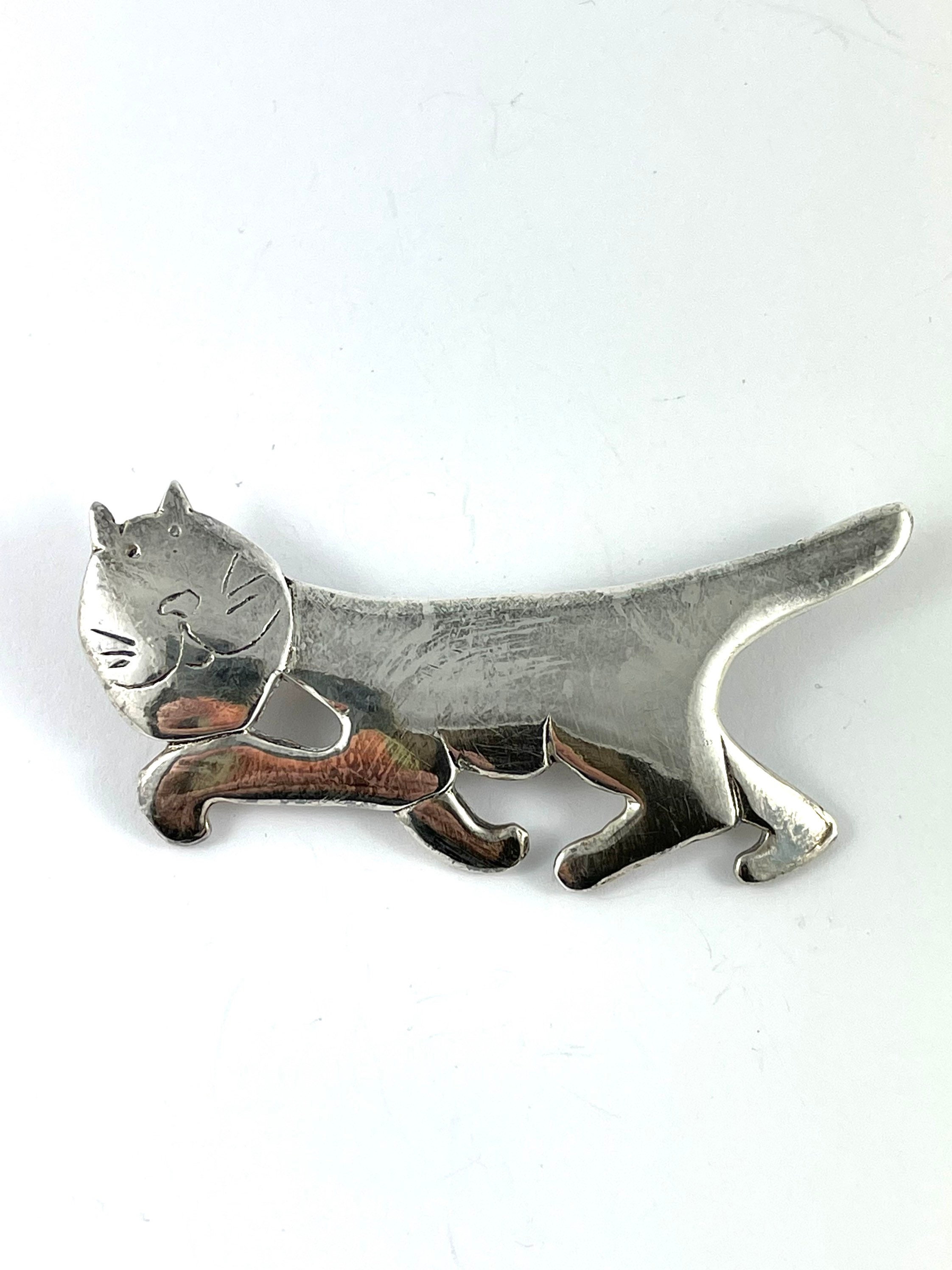 Broche Vintage Jacky De G – Métal Argenté – Modèle Chat Chic – Occasion Porté