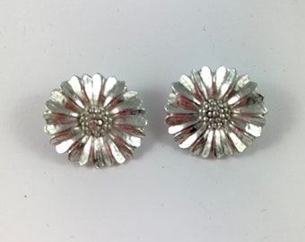 Flower clip on silver plated button earrings