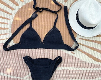 Bikini noir au crochet en coton bio fait main