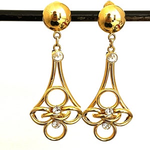 Vintage retro runway long gold plated clip on earrings