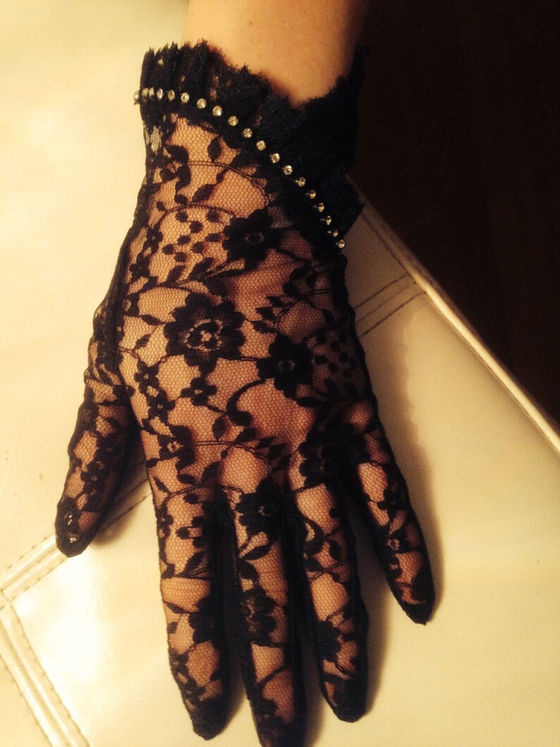 Vintage black lace ruffle gloves with rhinestones Etsy