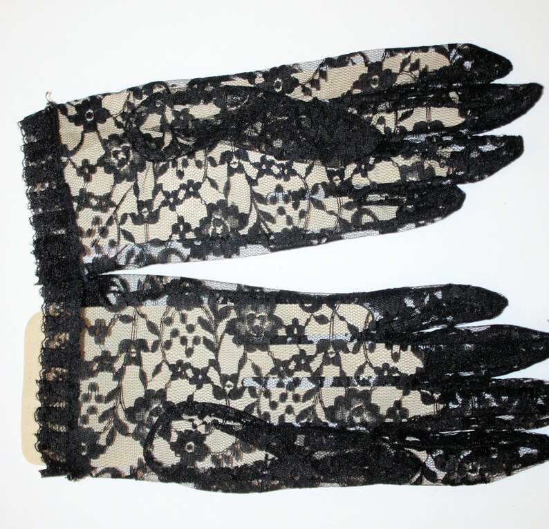 Vintage black lace ruffle gloves with rhinestones Etsy