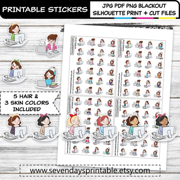 Printable Planner Stickers COMPUTER LAPTOP Office Work from Home Cute Girl Character 5 Hair & 3 Skin Colors DIY Functional Sticker Cut Files