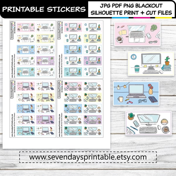 Printable Planner Stickers LAPTOP COMPUTER Desktop Work From Home Office Coffee Lover Cafe Relax Online Study Appointment Reminder Cut Files