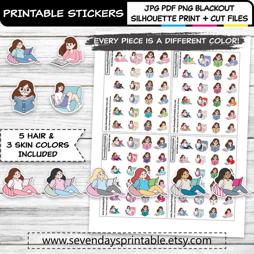 Printable Planner Stickers BOOK NERD GIRL, Cute Character 5 Hair &amp; 3 ...
