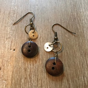Wood and Tiny Mother of Pearl Button Earrings