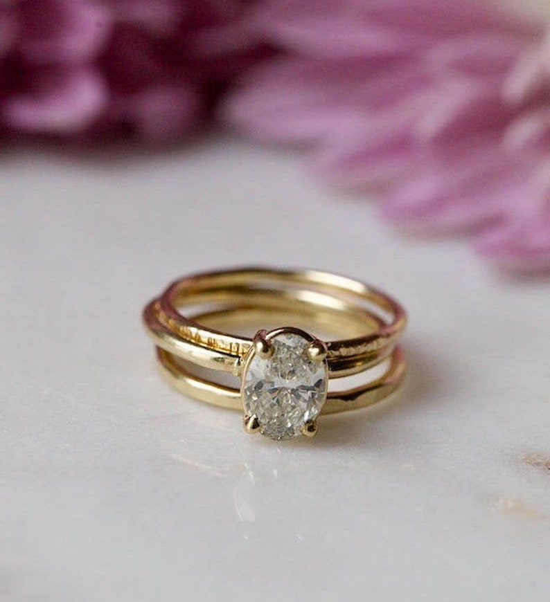 1.25ct Oval Diamond Thin Band Engagement Ring Stacking Set 14k Hammered