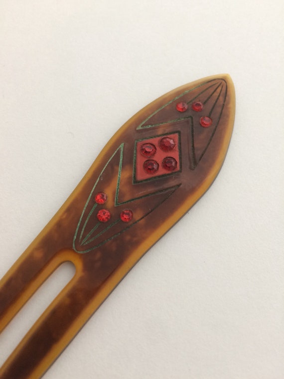 1920's Art Deco celluloid hairpin with red paste … - image 6