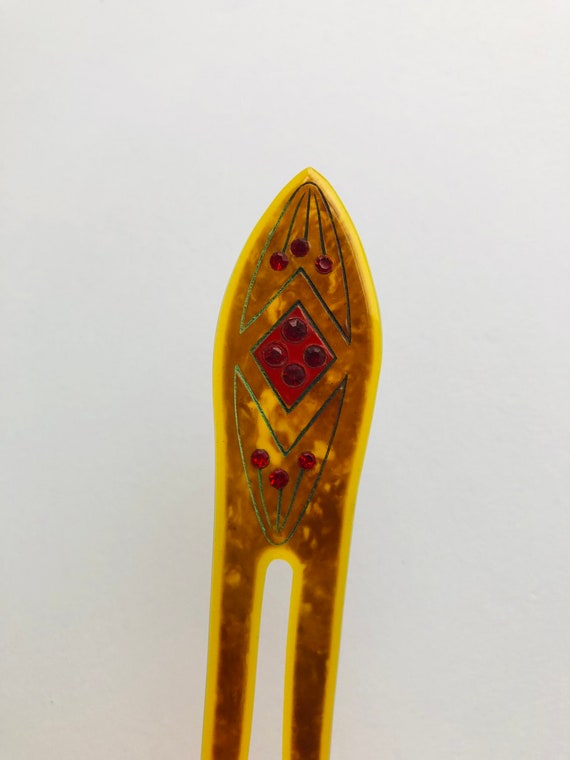 1920's Art Deco celluloid hairpin with red paste … - image 3