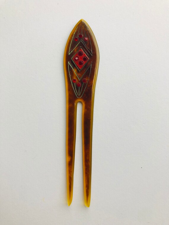 1920's Art Deco celluloid hairpin with red paste … - image 2