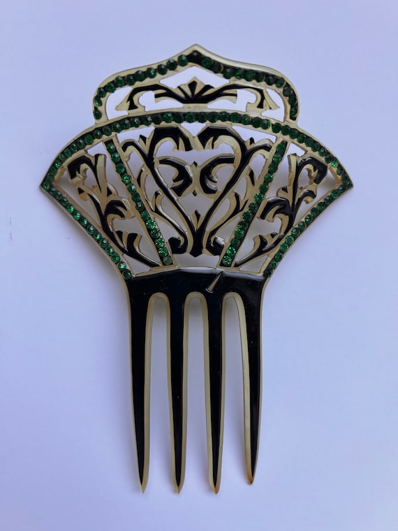 Antique celluloid hair comb with Green paste stone