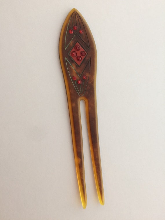 1920's Art Deco celluloid hairpin with red paste … - image 7