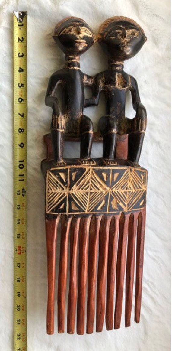 African hand-carved wood vintage decorative hair … - image 8
