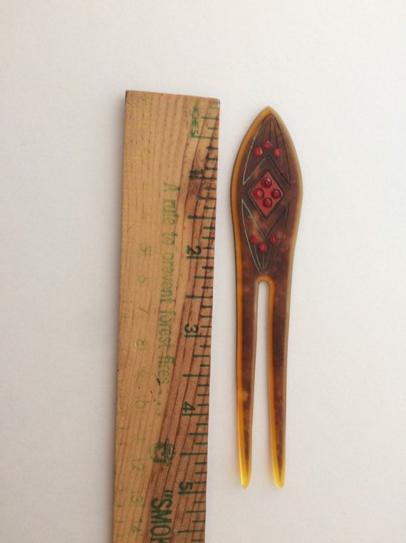 1920's Art Deco celluloid hairpin with red paste … - image 9