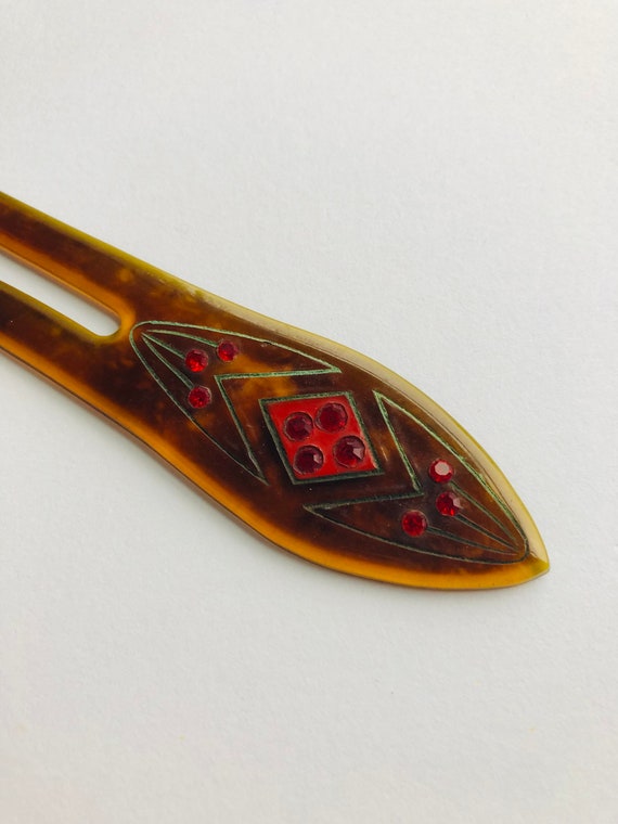 1920's Art Deco celluloid hairpin with red paste … - image 1