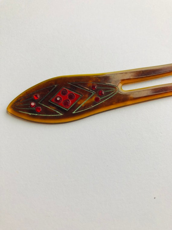 1920's Art Deco celluloid hairpin with red paste … - image 5