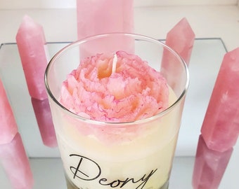 Peony Candle -  Beautiful Gift Candle with wax flower - All Natural + Artisan Crafted with Love