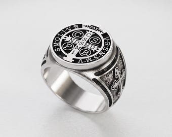 St Benedict Signet Ring for Men – Silver Saint Benedict Medal Ring – Cross Ring –