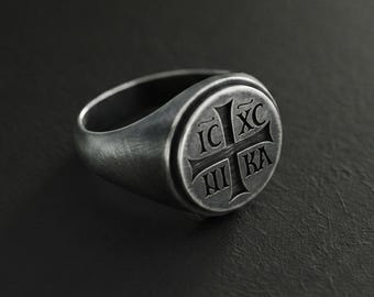 Chevalière IC XC NIKA - Bague croix byzantine - Bague chrétienne orthodoxe en argent - Cadeau bijoux religieux - Bague croix