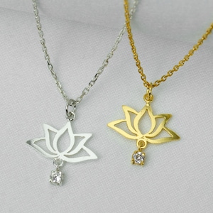 Sterling Silver Lotus Flower Necklace: Dainty Floral Pendant with Cubic Zirconia