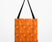 Halloween Printed Tote Bag, Orange Shoulder Bag, Travel Bag, Messenger, Handbag, Beach Bag with Black Cats