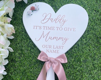 Personalised wedding sign Paddle daddy here comes mummy, here comes the bride, flower girl, wedding photo prop, handheld, bridesmaid