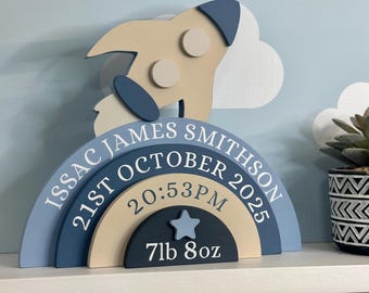 Personalised Space rocket wooden rainbow, New baby gift, Children's Bedroom Decoration, Stacked rainbow