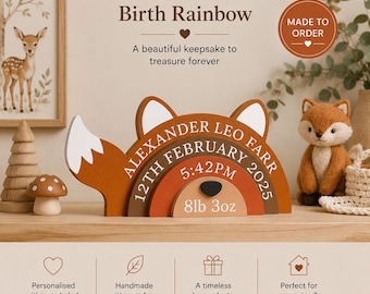 Personalised Fox wooden rainbow, Woodland animal Nursery Decor, New baby gift, Children's Bedroom Decoration, Stacked rainbow