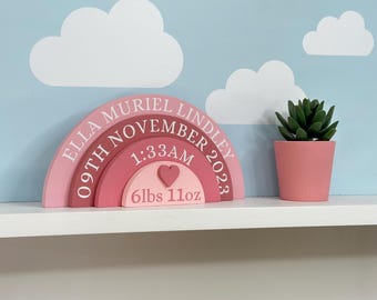 May include: A pink and white wooden rainbow with the name "Ella Muriel Lindley", birthdate, time, and weight details. A small pink pot with a green plant sits to the right. The background is light blue with white cloud decals.