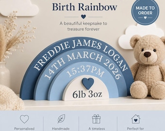 Personalised wooden rainbow, New baby gift, Children's Bedroom Decoration, Full Block Stacked rainbow