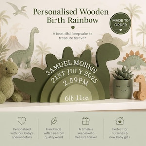 Personalised Dinosaur wooden rainbow, New baby gift, Children's Bedroom Decoration, Stacked rainbow