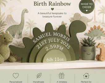 Personalised Dinosaur wooden rainbow, New baby gift, Children's Bedroom Decoration, Stacked rainbow