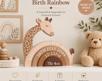 Personalised giraffe wooden rainbow, New baby gift, Children's Bedroom Decoration, Stacked rainbow