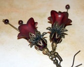Cranberry Red Flower Earrings, Hand Painted Flower Earrings, Boho Dangle Flower Earrings, Vintage Style Earrings, Garnet Earrings, Unique