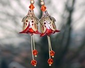 Red Flower Earrings, Orange Red Flower Earrings, Hand Painted Flower Earrings, Boho Flower Dangle Earrings, Vintage Style Earrings, Unique